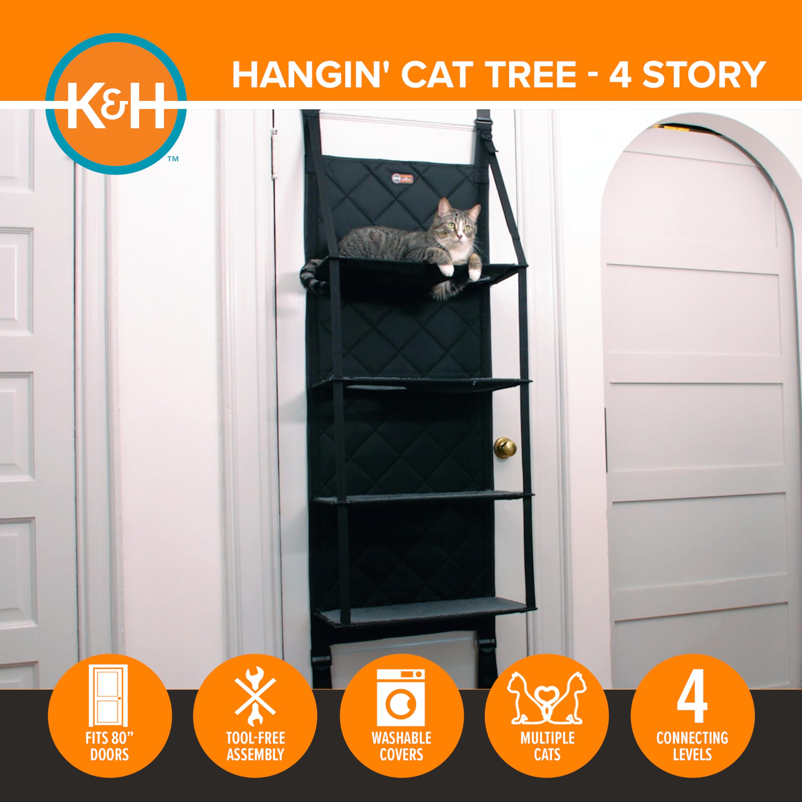 K&H Hangin Cat Tree machine-washable fleece-covered shelves simplify cleaning.