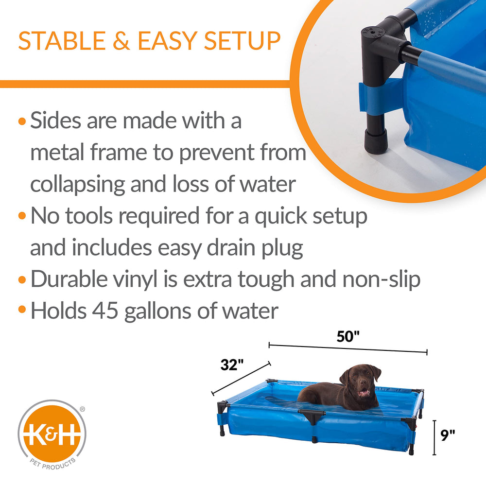 Sturdy metal frame supports the pool during use