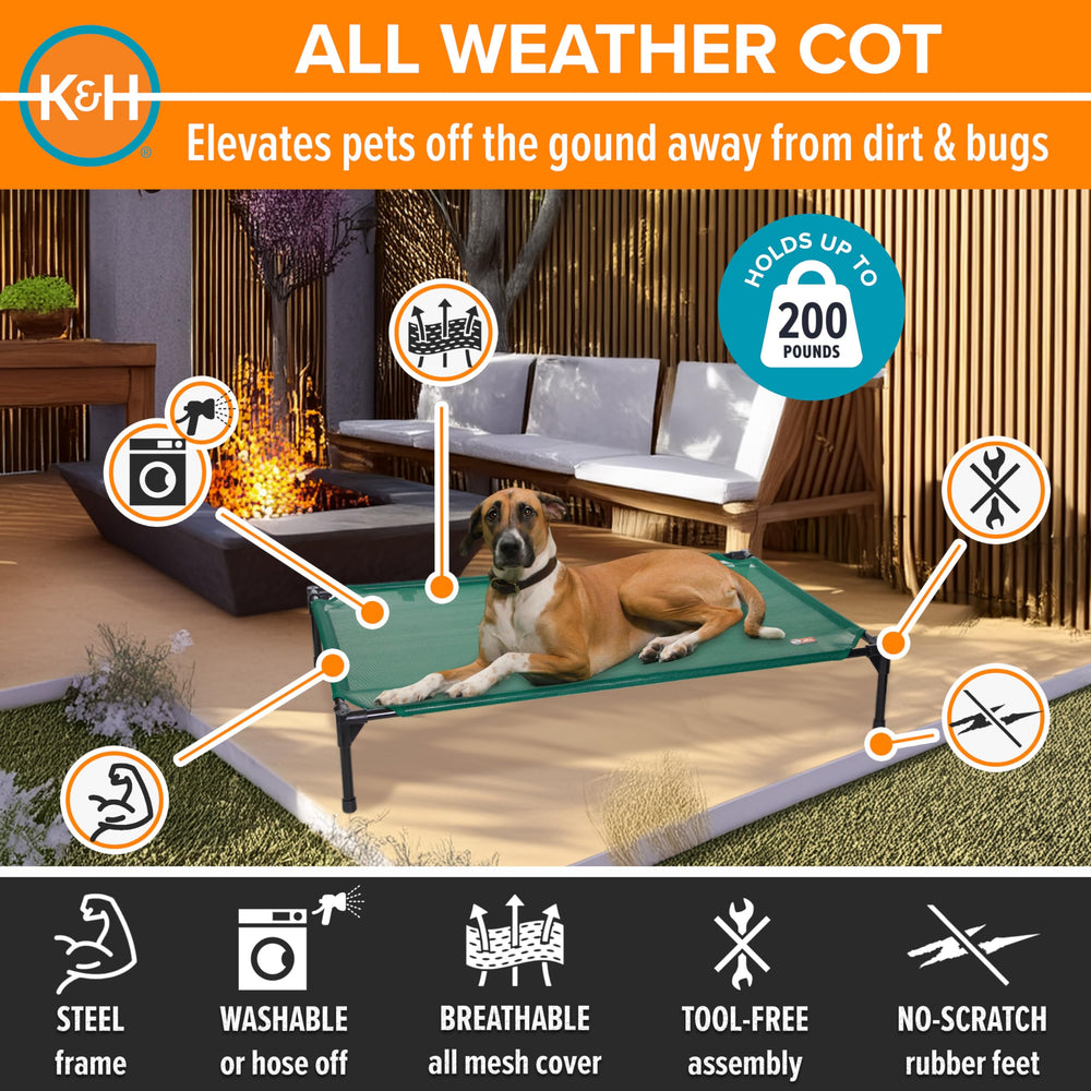 K&H Outdoor Elevated Dog Bed assembled setup illustrating tool-free setup and portability