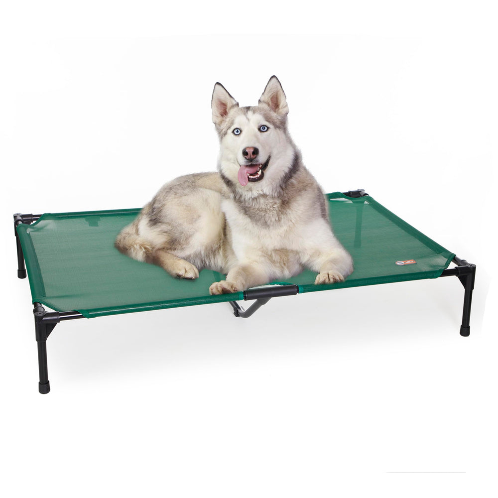 K&H Outdoor Elevated Dog Bed in green promotes cooling airflow for large dogs.