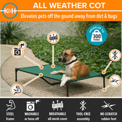 K&H Outdoor Elevated Dog Bed's breathable mesh hammock design for indoor and outdoor lounging.
