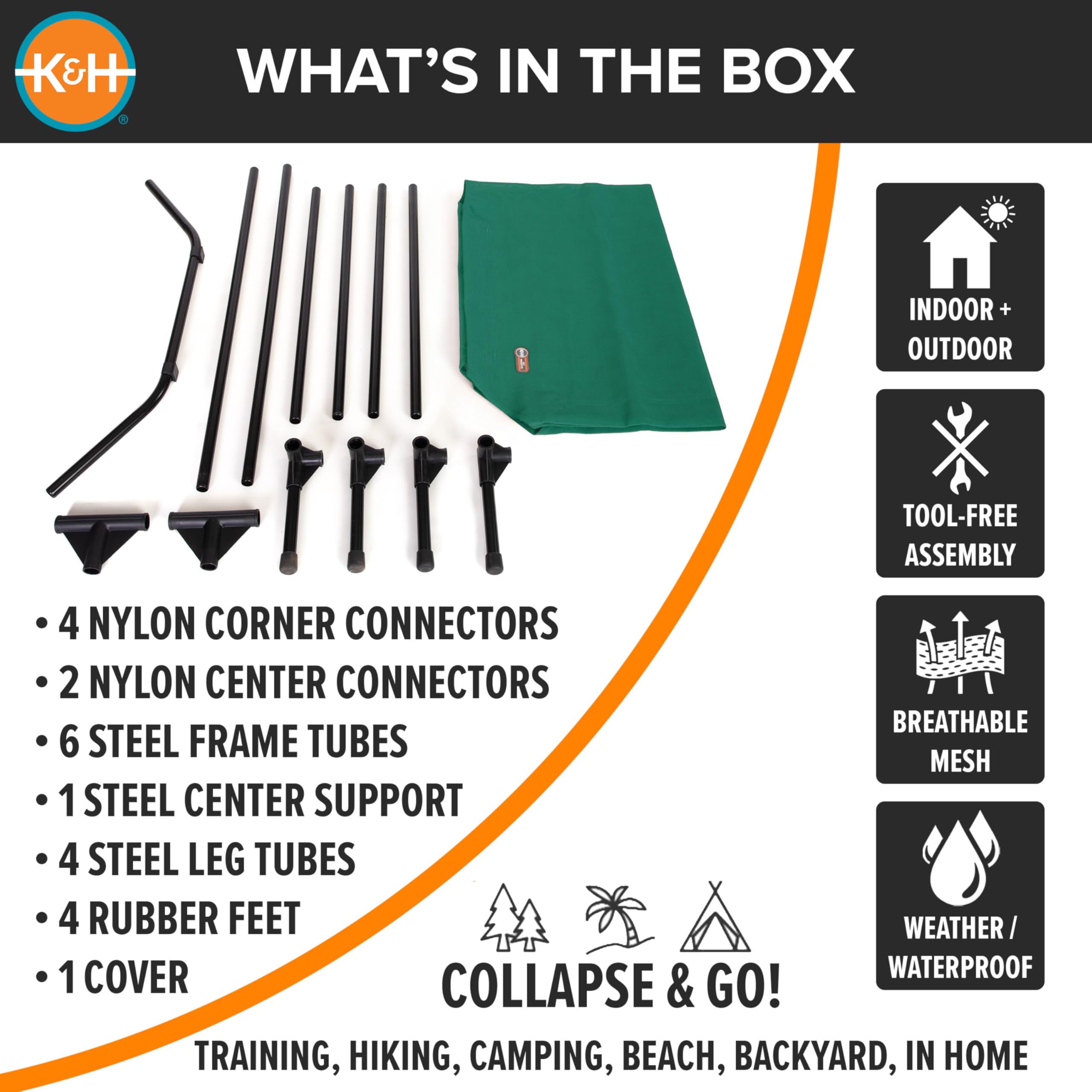 K&H bed folds compactly; tool-free assembly for easy setup on the go.