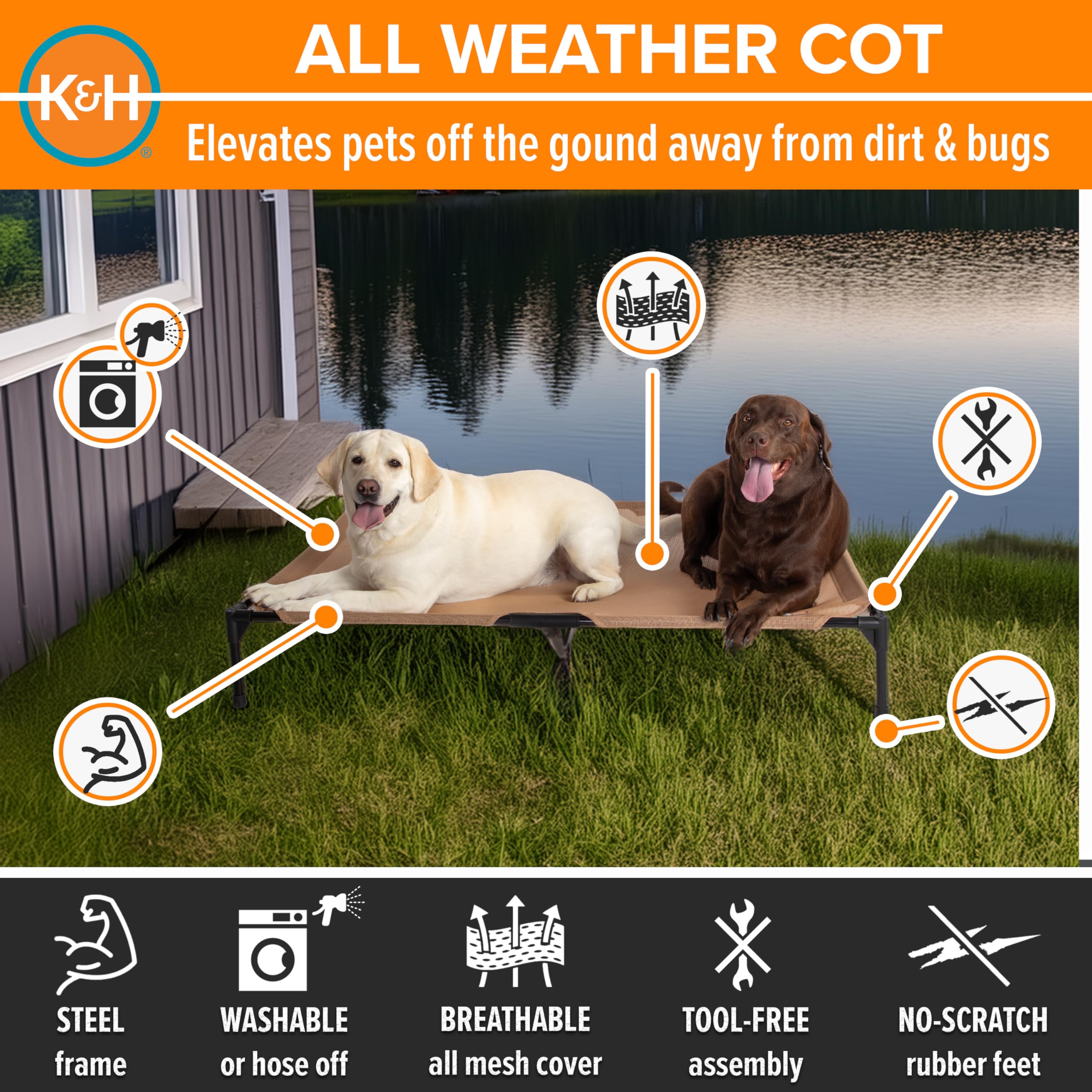 K&H Pet Products mesh surface provides quick-dry cooling for all seasons