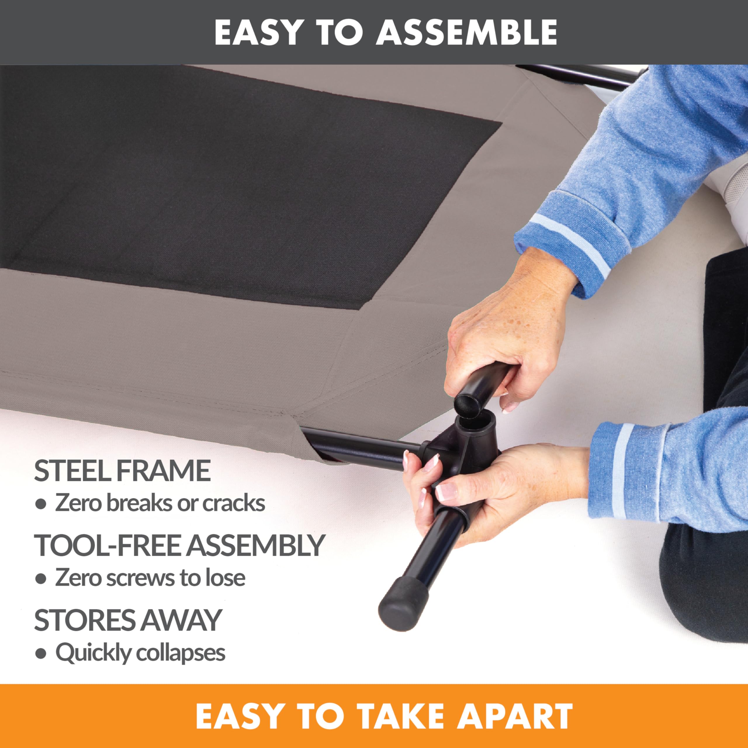 Removable washable cover on the K&H dog cot for easy cleaning after trips.