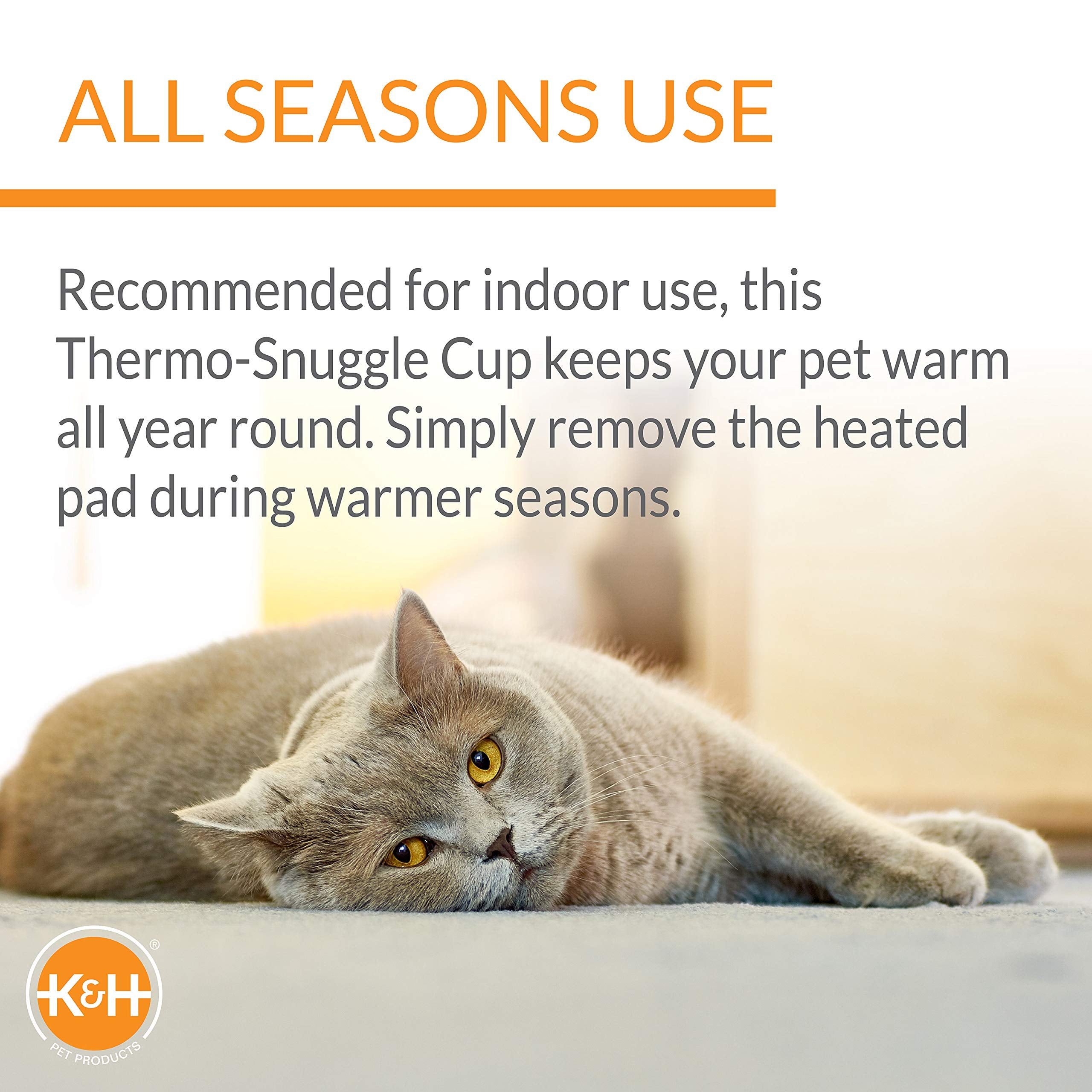 Indoor-use K&amp;H Thermo-Snuggle Cup Bomber bed for larger cats and small dogs.