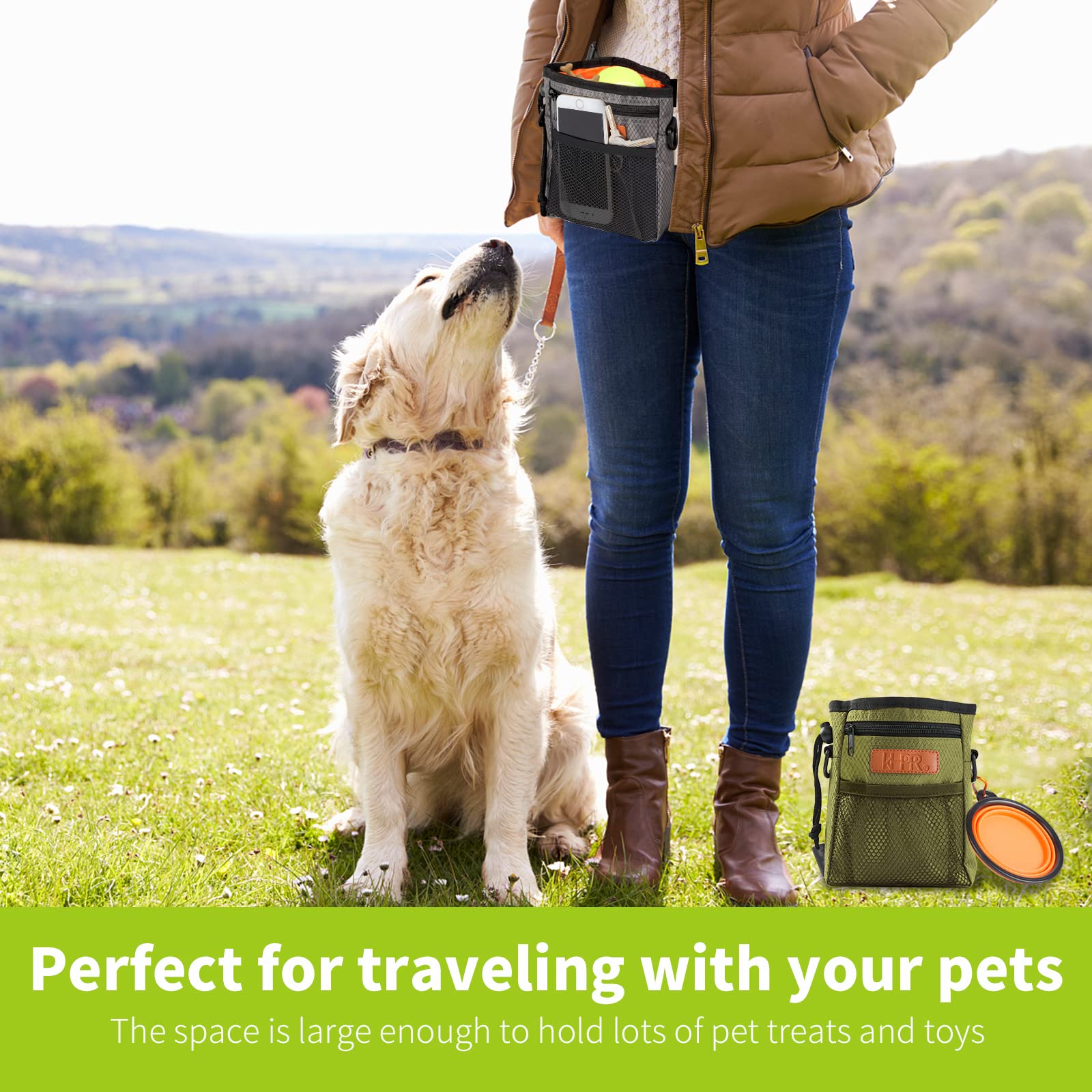 KHPR dog treat pouch bright orange lining for quick visibility and cleaning.