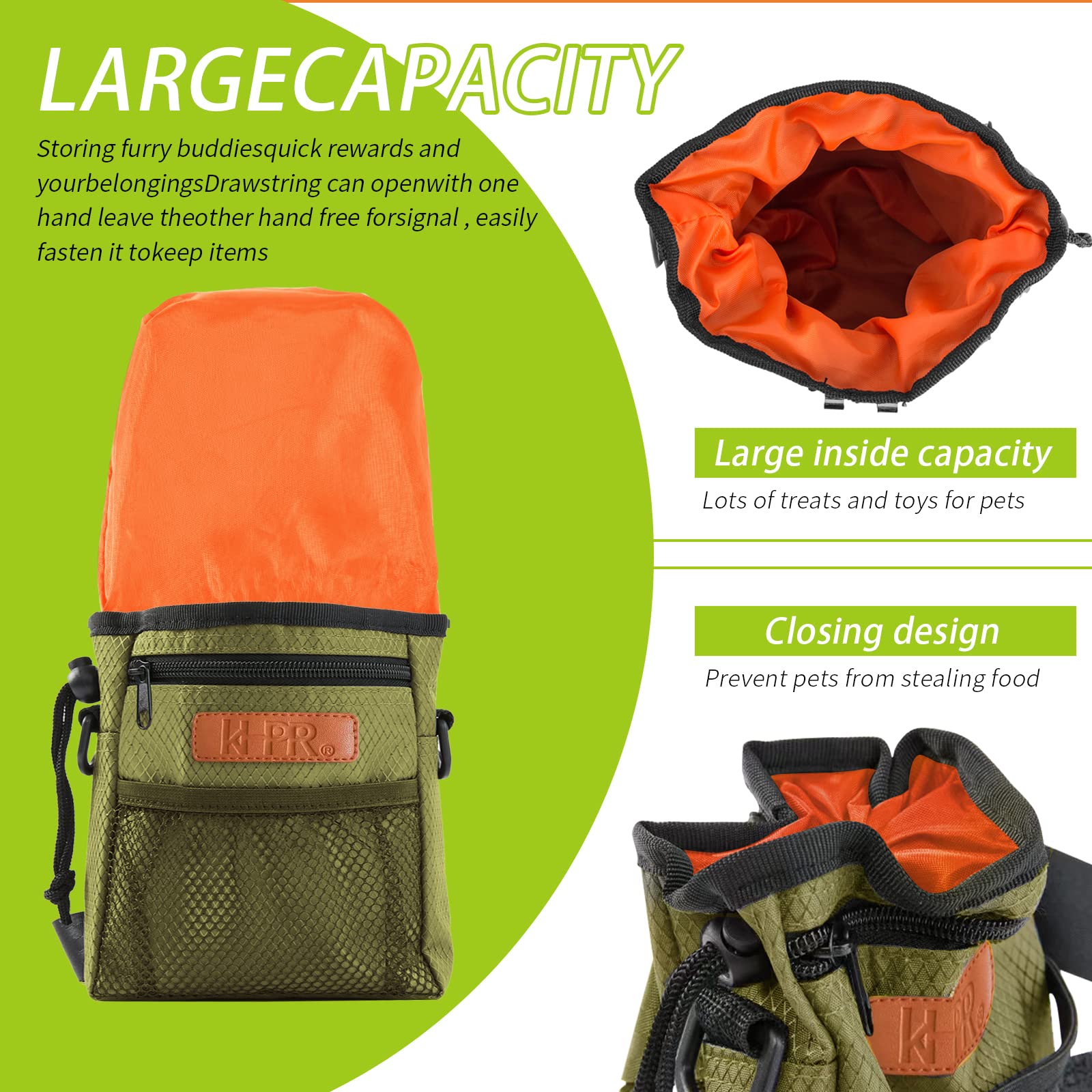 KHPR dog treat pouch front zip pockets store essential items safely.