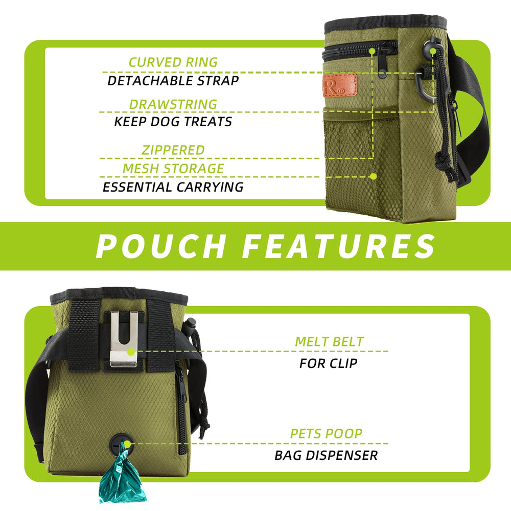 KHPR dog treat pouch with built-in poop bag dispenser for convenient cleanup.
