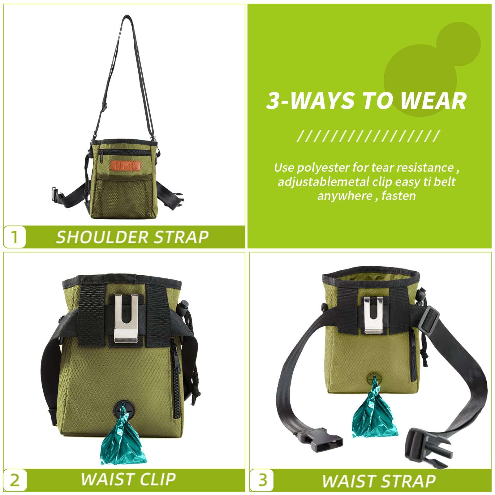 KHPR dog treat pouch with removable strap for secure, hands-free carrying.
