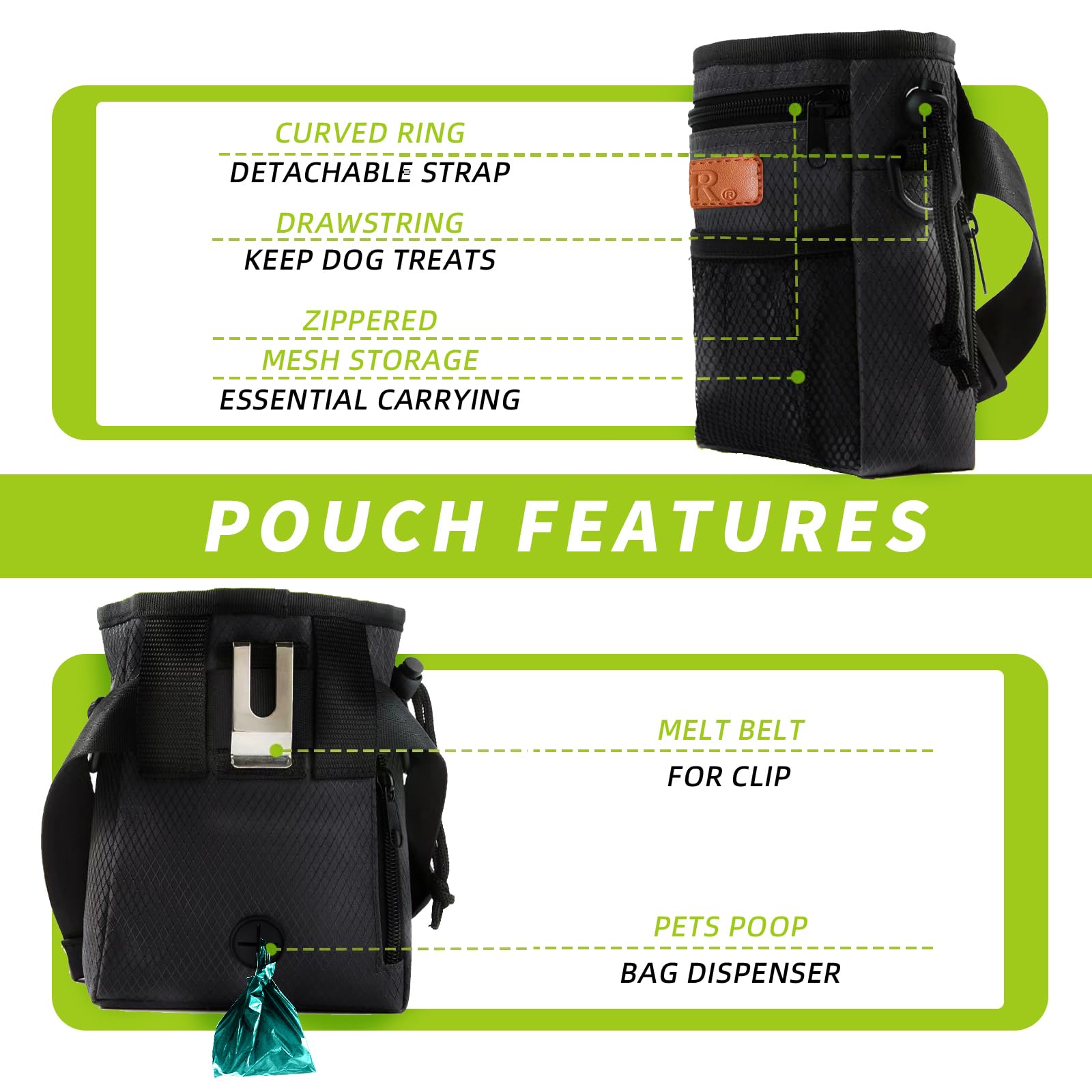 KHPR pouch displays built-in poop bag dispenser for convenient cleanup