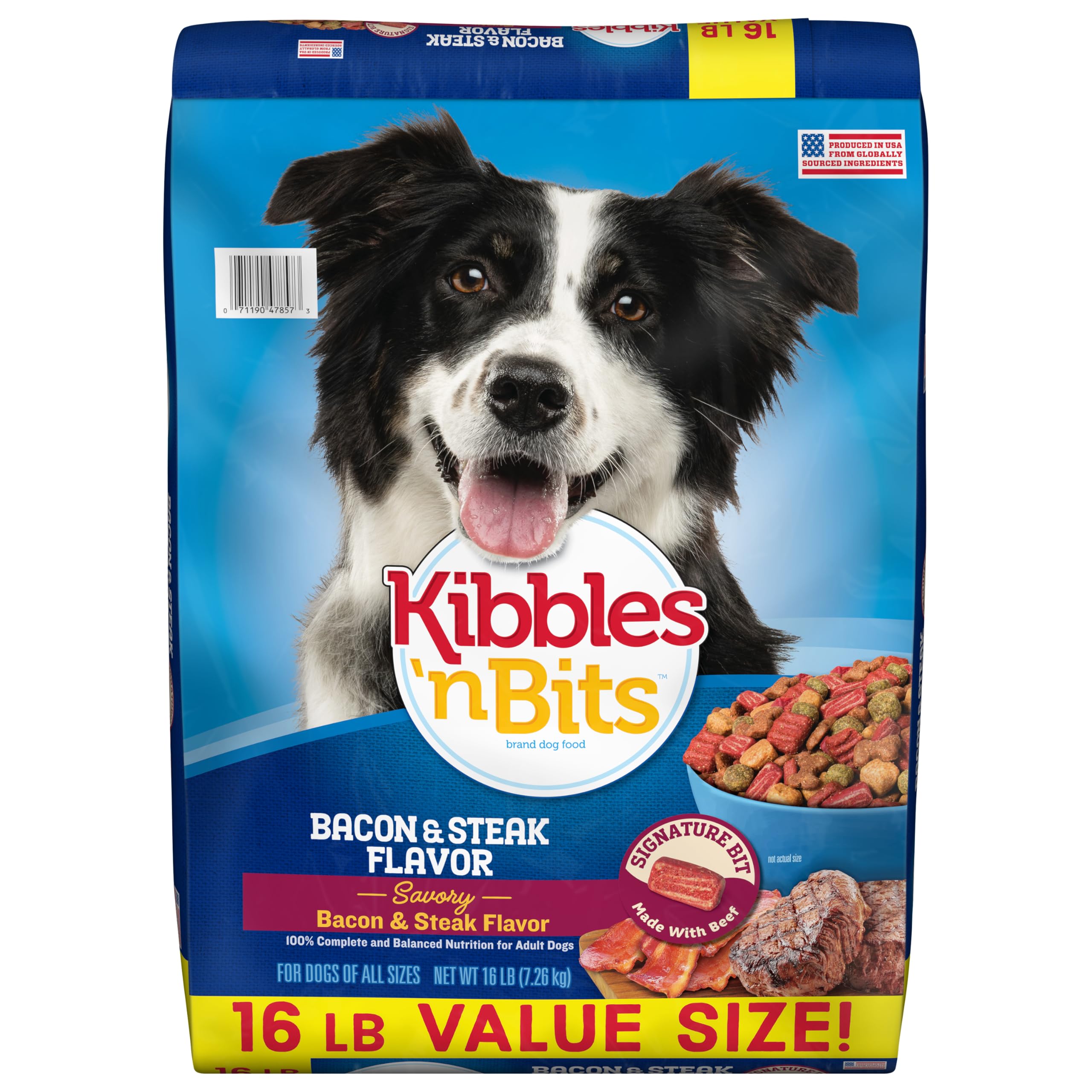 Kibbles 'n Bits bacon & steak bag close-up showing real meat chunks.