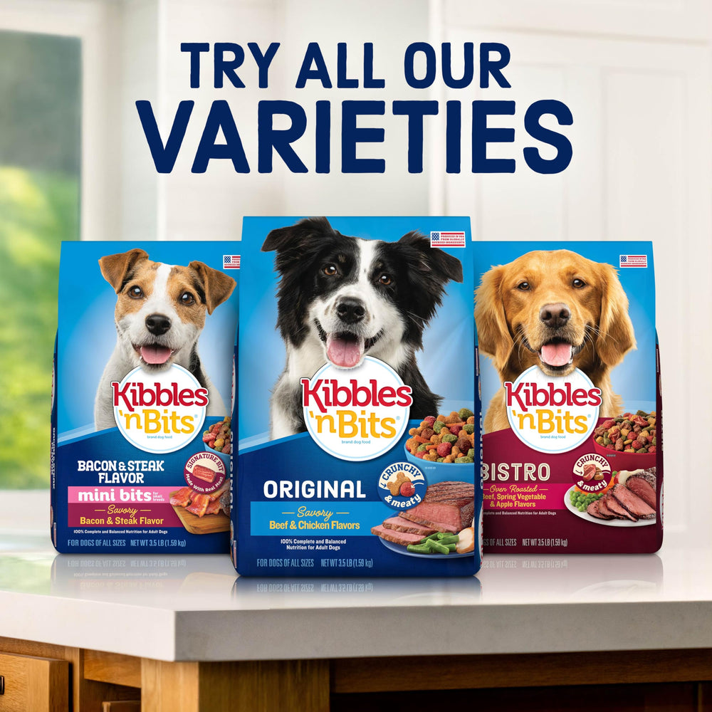 Kibbles 'n Bits Bistro ingredient focus highlights beef and garden veggies for flavor.