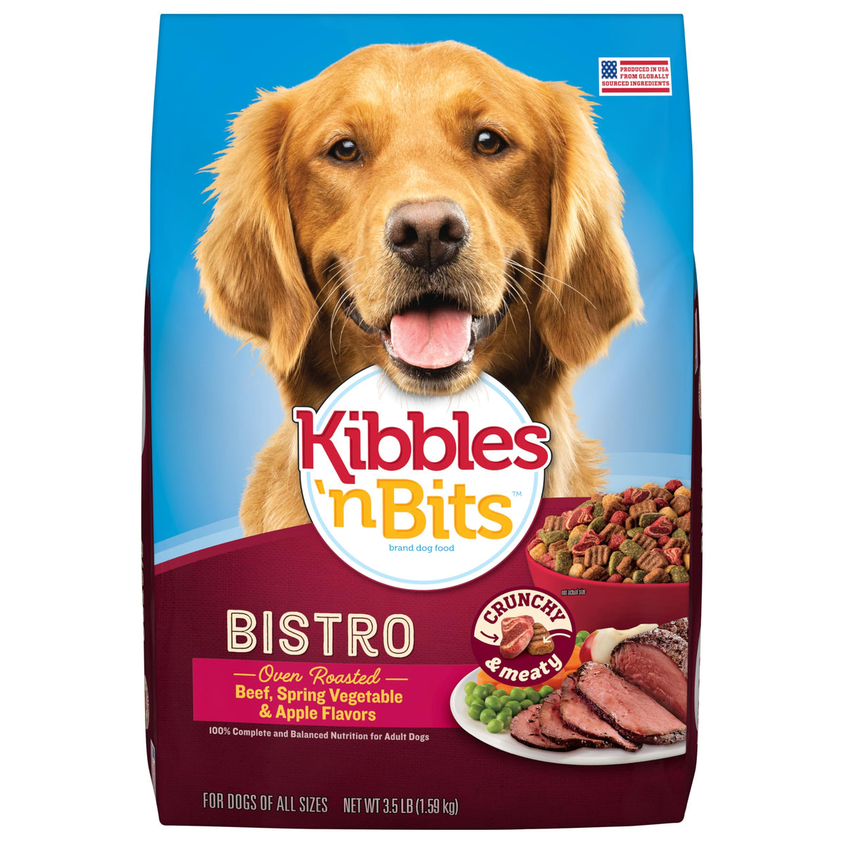 Kibbles 'n Bits Bistro oven roasted beef bag ready for mealtime, with savory aroma.