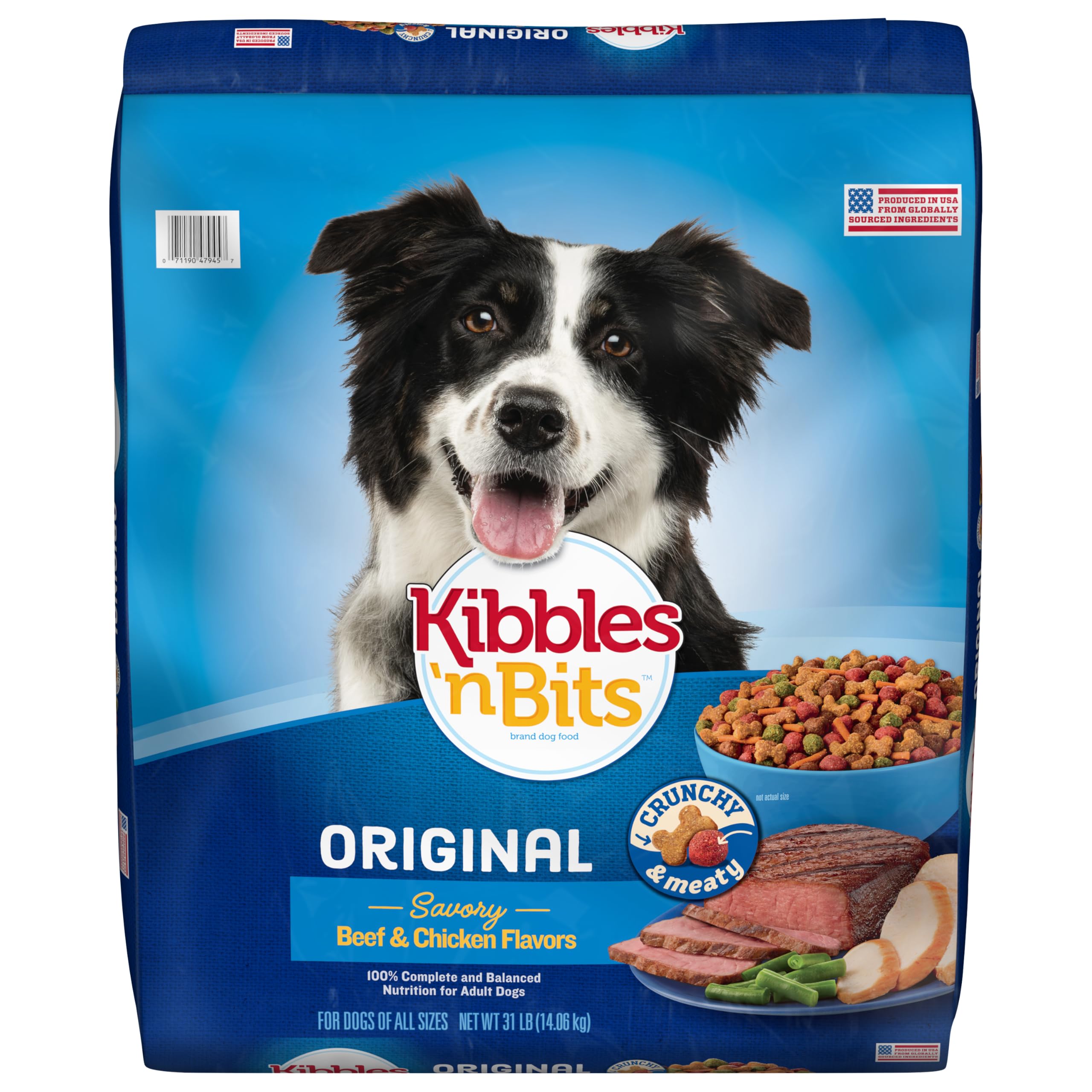 Kibbles 'n Bits Original bag front with savory beef and chicken flavor for dogs.