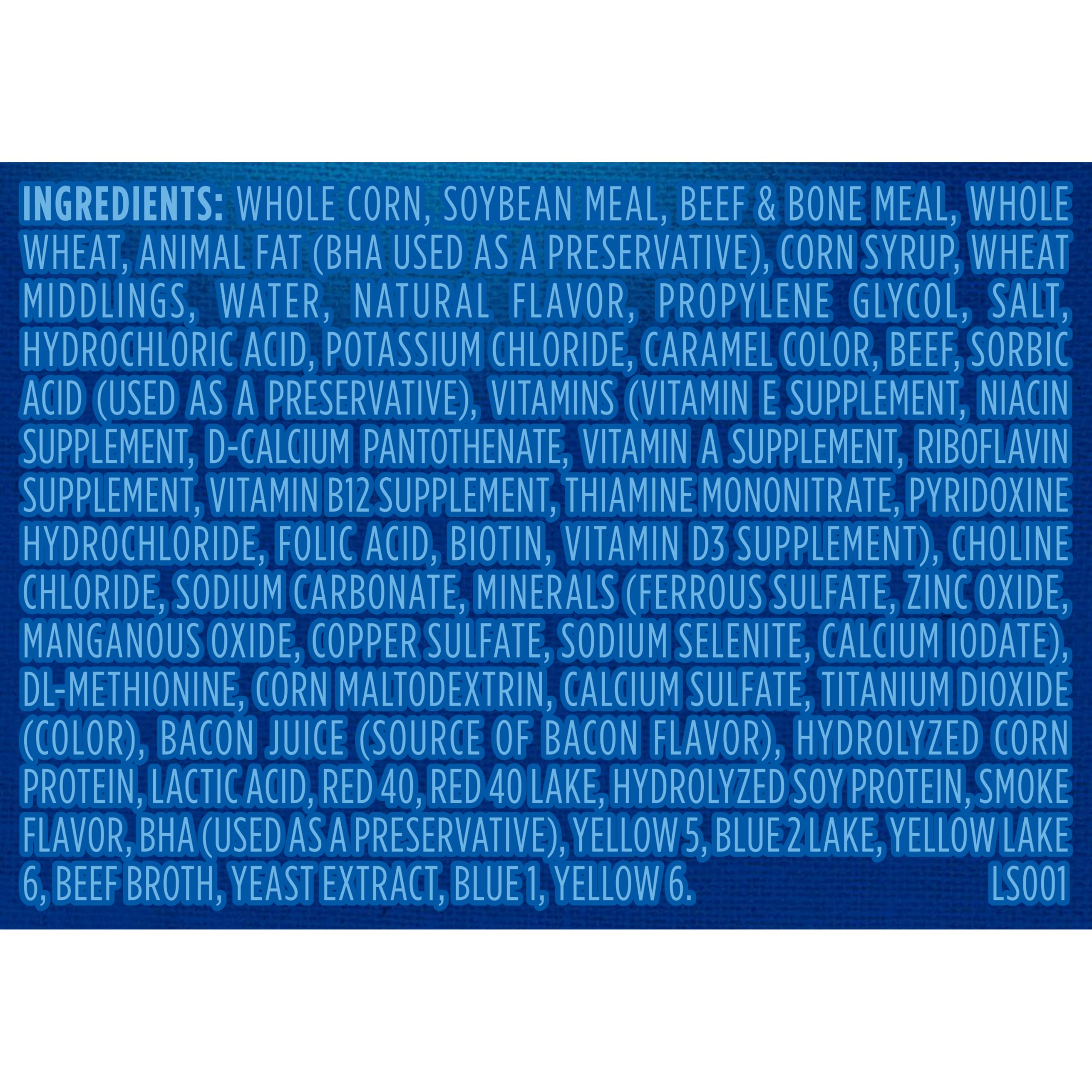 Kibbles 'n Bits packaging label with bacon and steak branding.