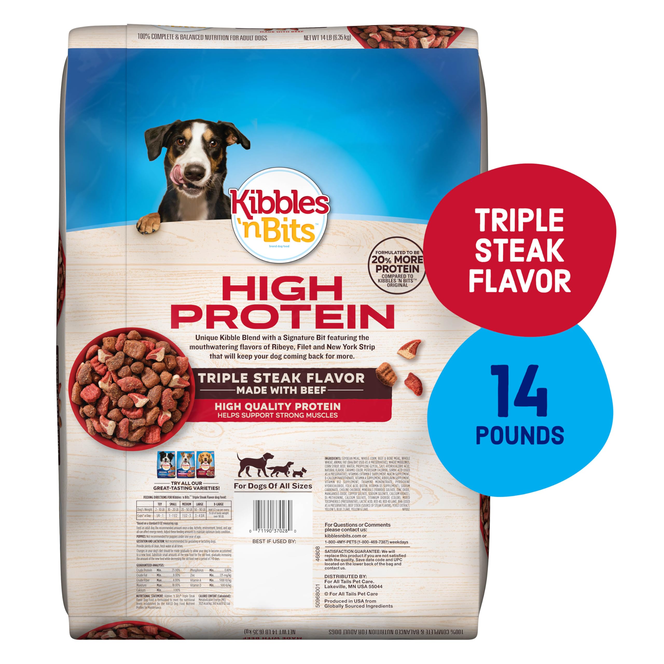 Kibbles 'n Bits Triple Steak beef flavor ingredients shown to support lean muscles.