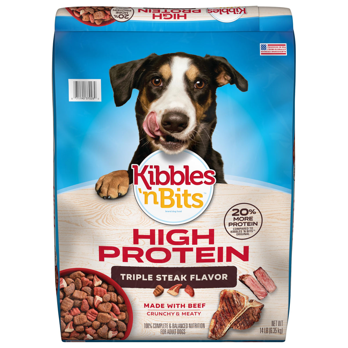 Kibbles 'n Bits Triple Steak dry dog food 14 lb bag for everyday meals.