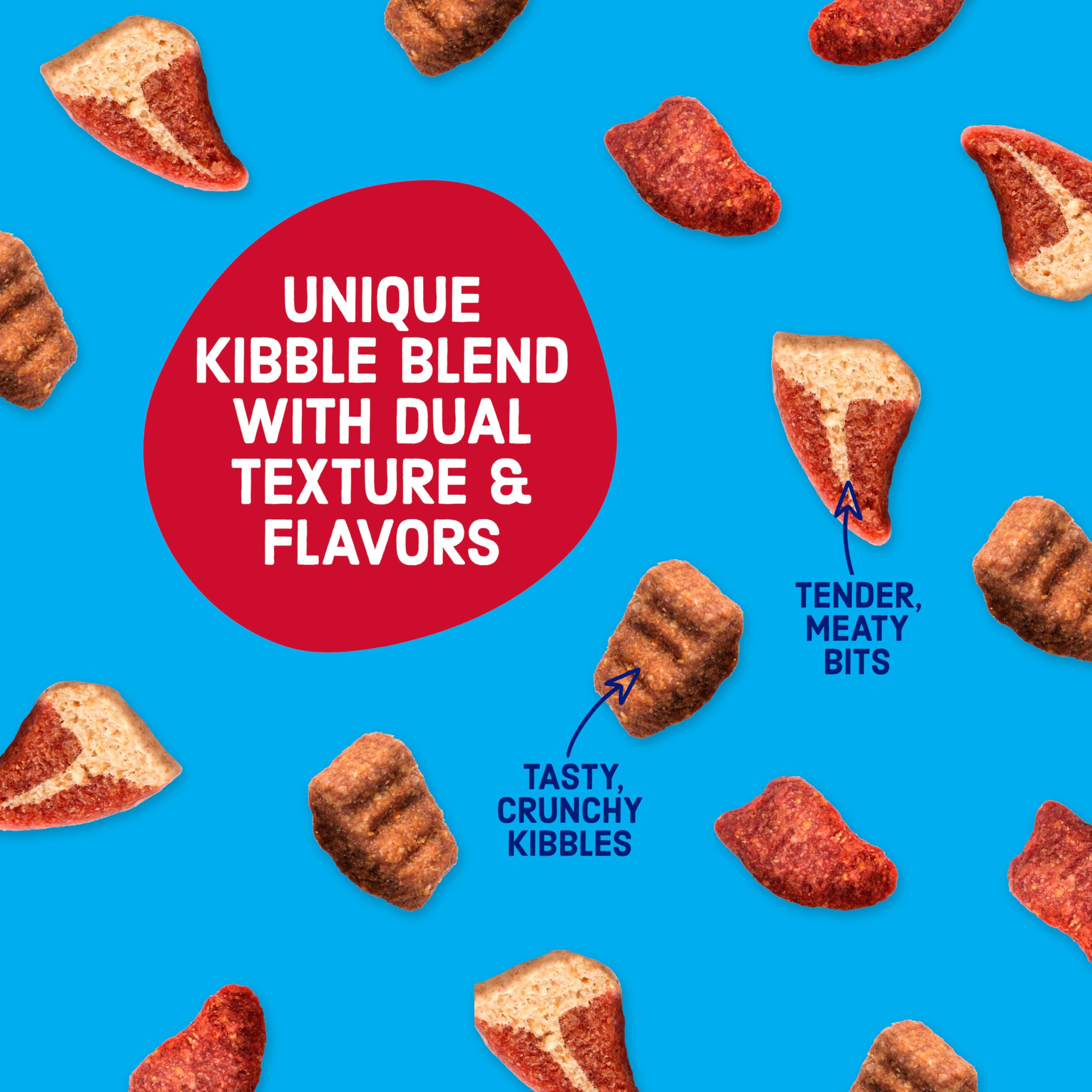 Kibbles 'n Bits Triple Steak label shows beef flavors loved by dogs.