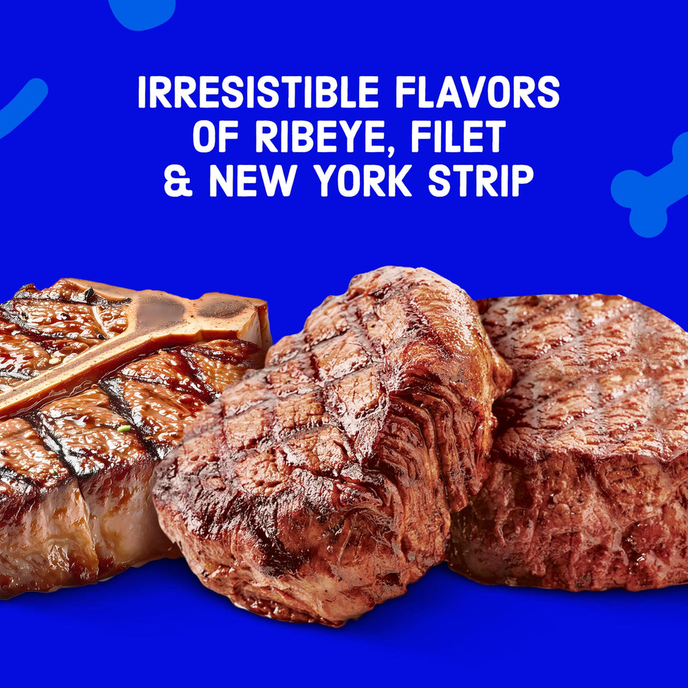 Kibbles 'n Bits Triple Steak packaging closeup emphasizes complete and balanced formula.