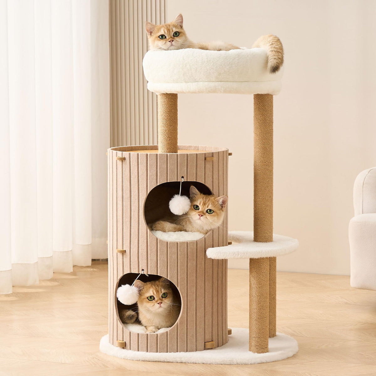 Kicari modern cat tree top perch and cozy bed for lounging.