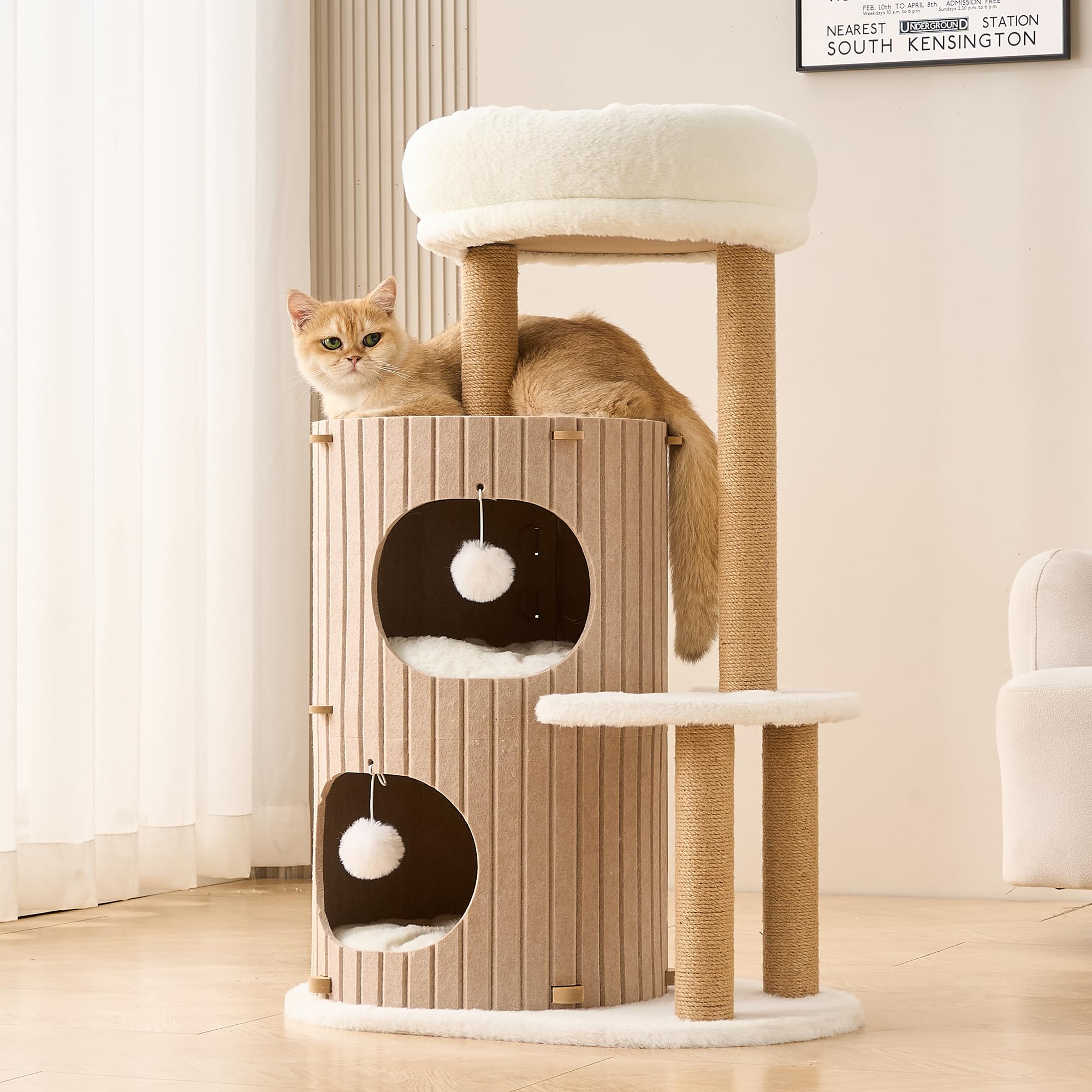 Kicari modern cat tree blends with brown decor for stylish homes.