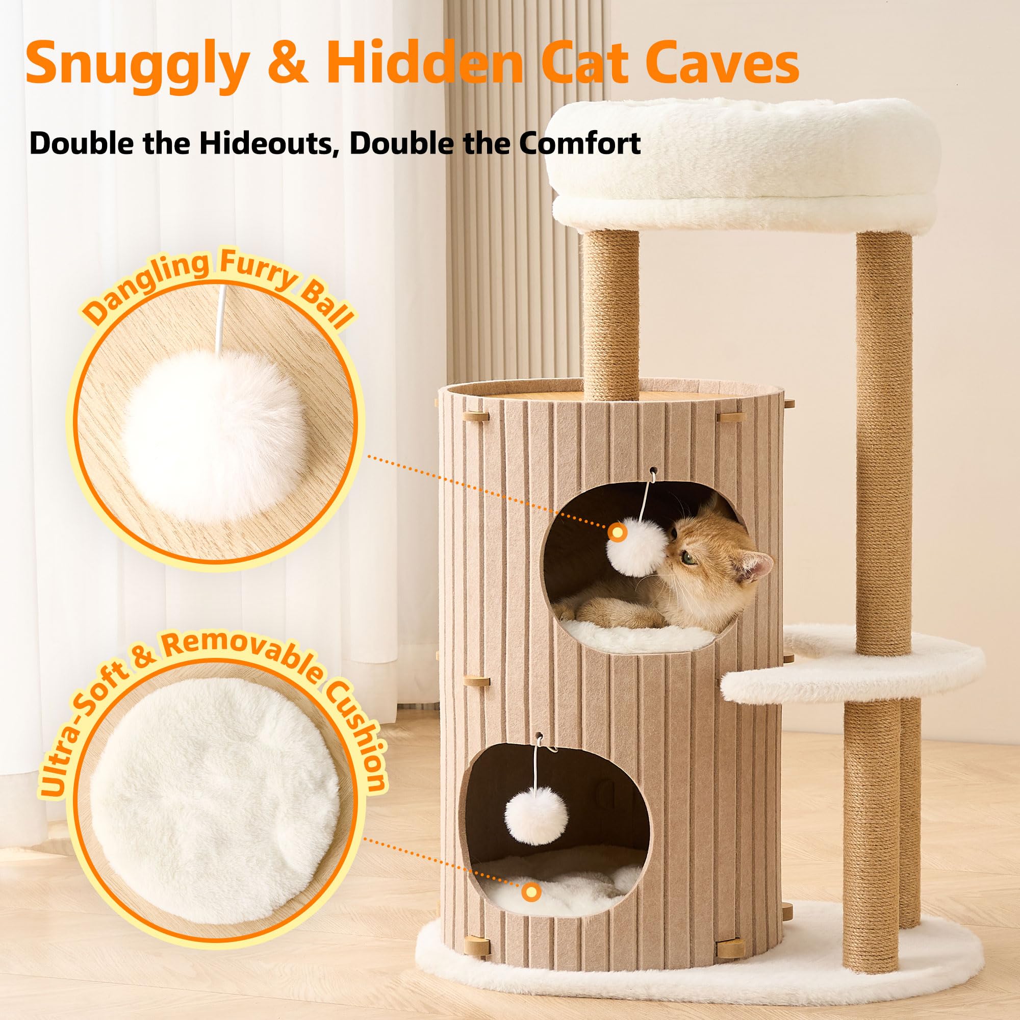 Kicari cat tree dangling balls for playful activity.