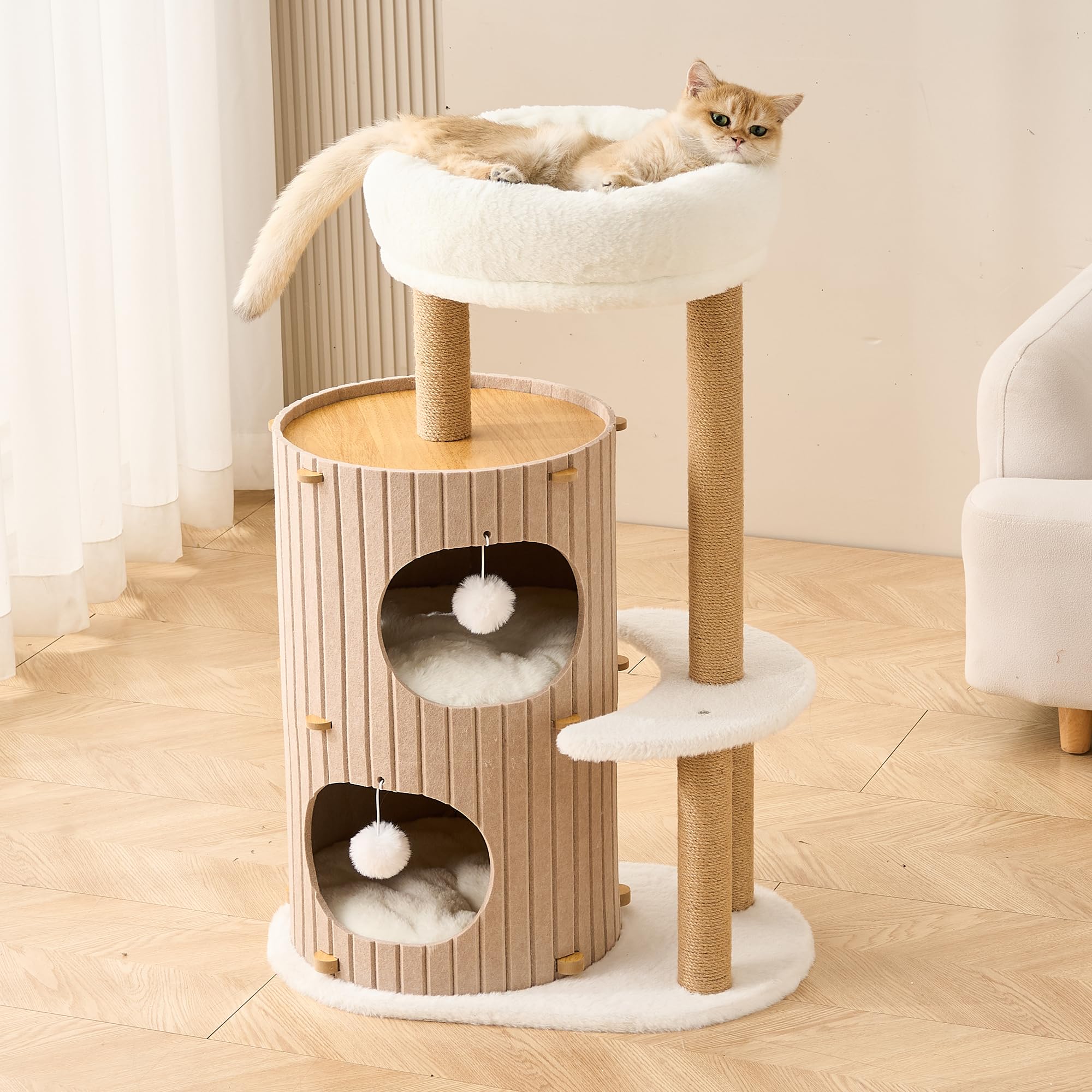 Kicari cat tree built with high-density felt panels and MDF for durability.