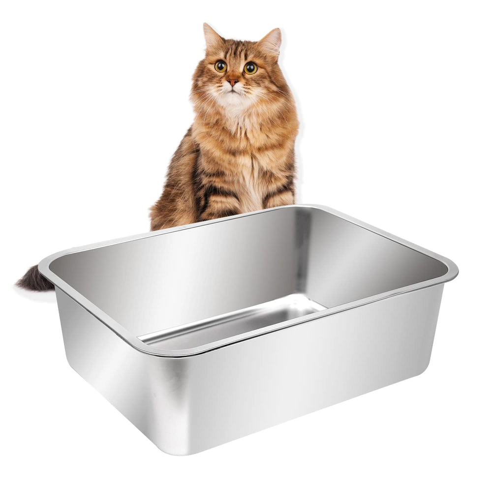 Kichwit extra-large open litter box in stainless steel for durability and easy cleaning.