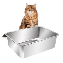 Kichwit extra-large open litter box in stainless steel for durability and easy cleaning.