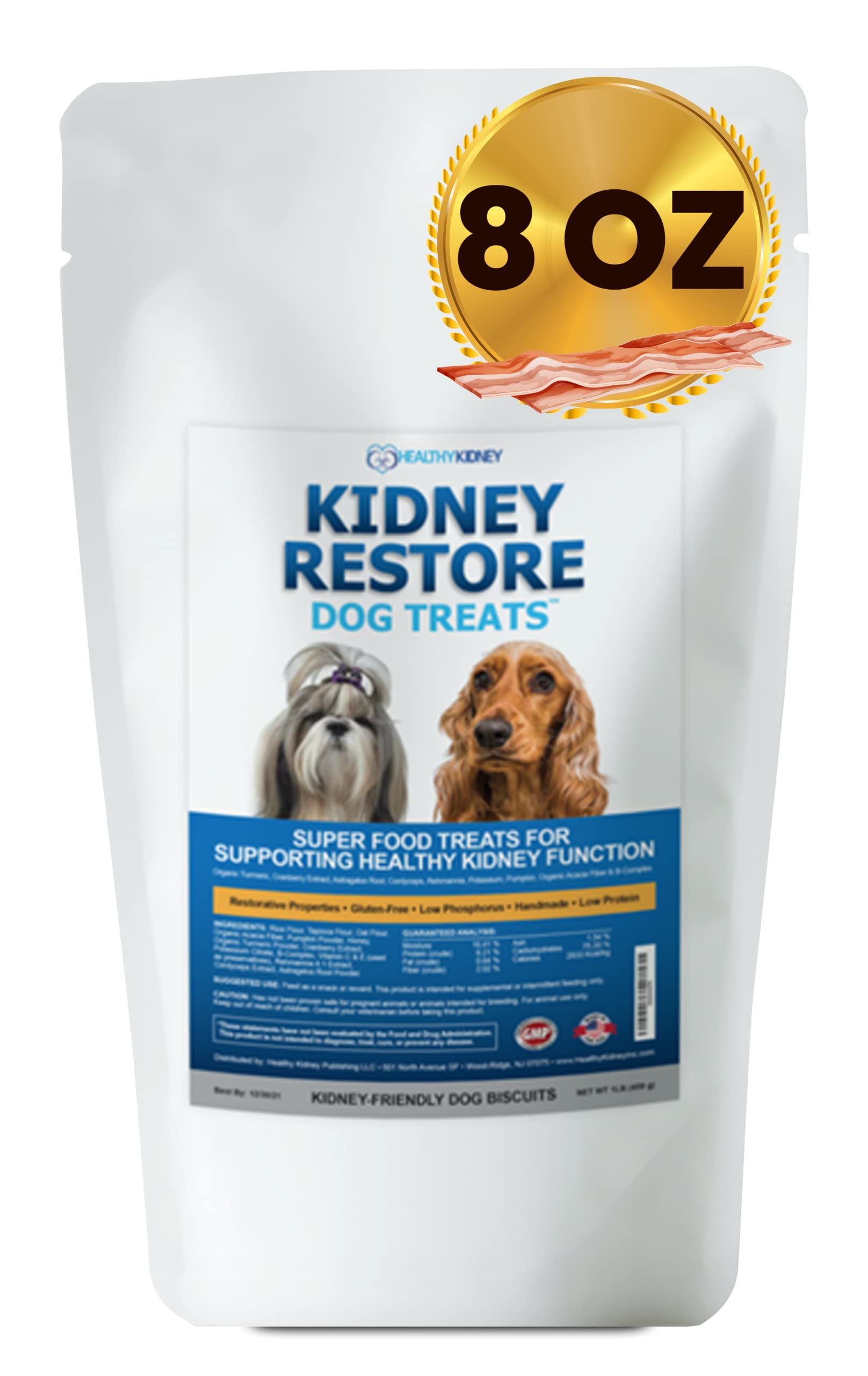 Kidney Restore 8oz bacon dog treats in a jar, portable kidney-friendly snack.