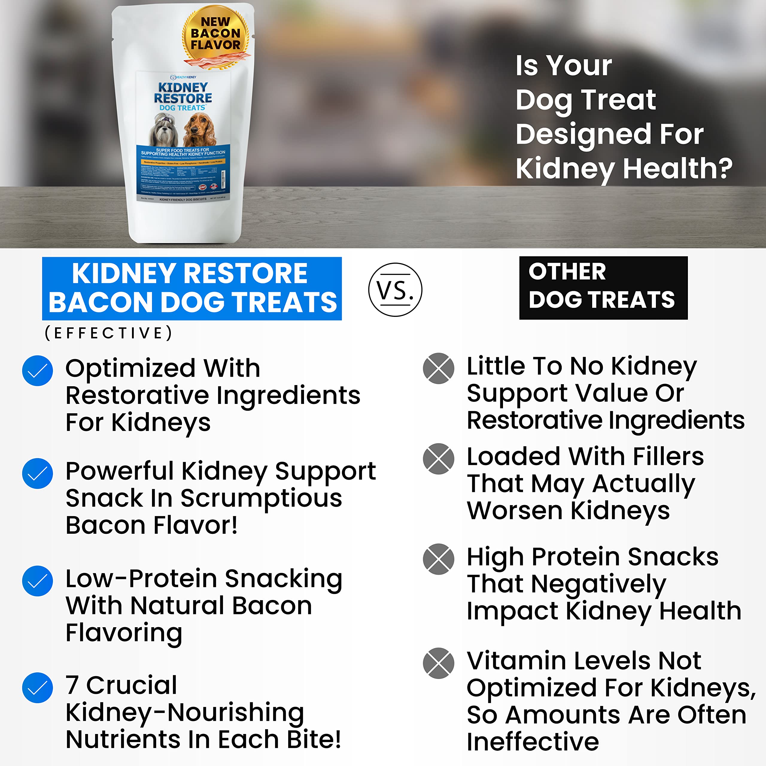Close-up of bacon flavor in Kidney Restore treats.