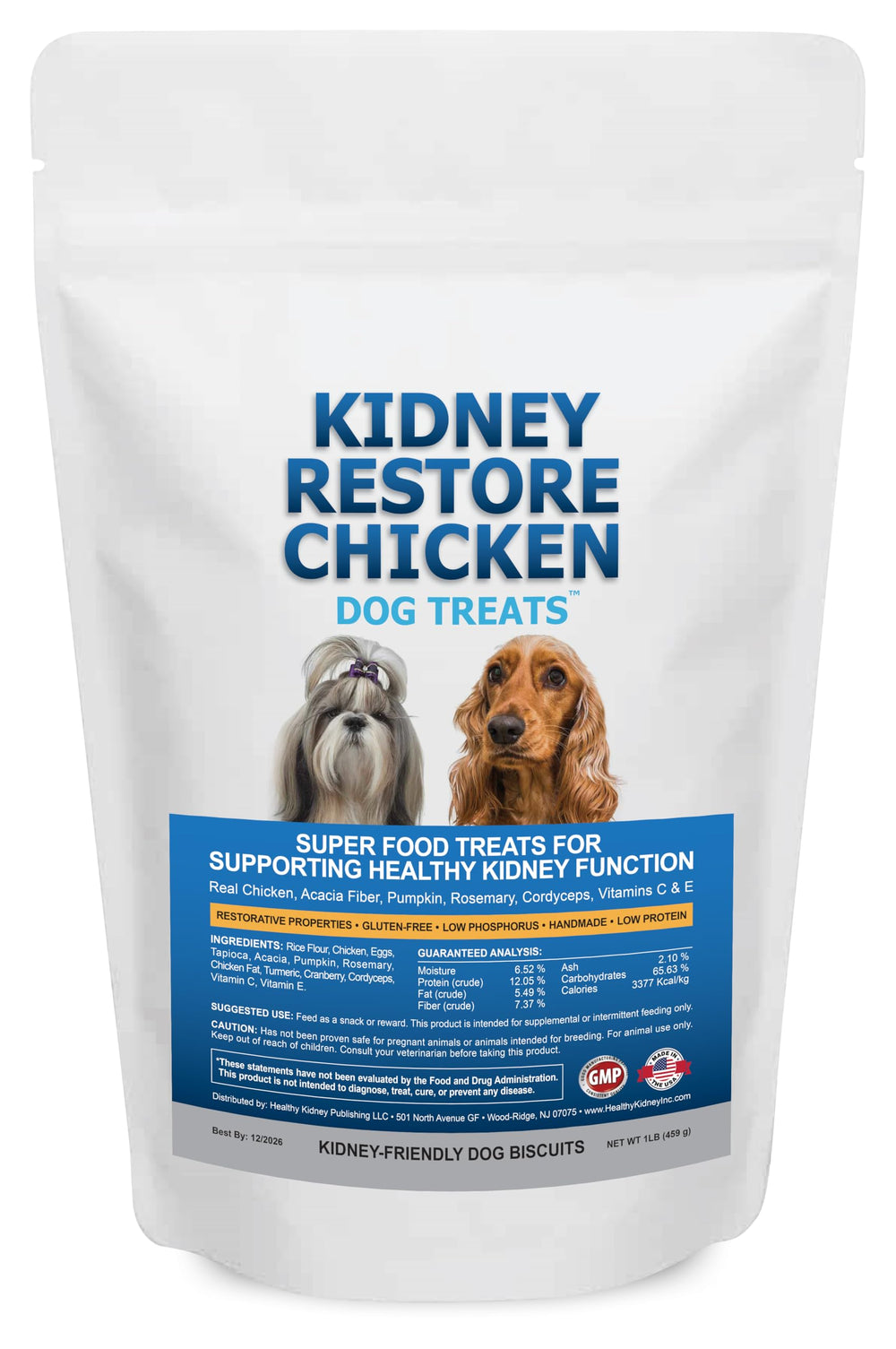 Kidney Restore packaging for chicken dog treats highlights a kidney-friendly snack.