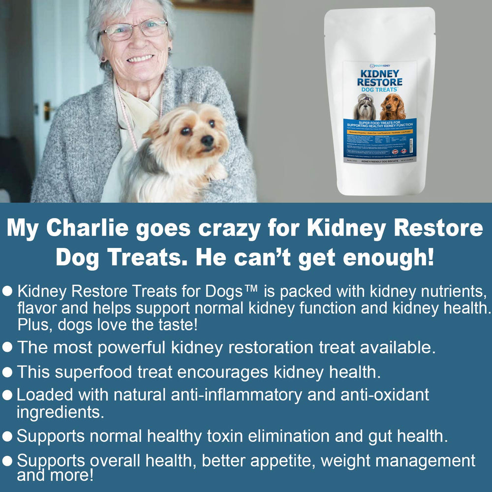 Kidney Restore treats in a bowl beside a measuring cup for renal-friendly feeding