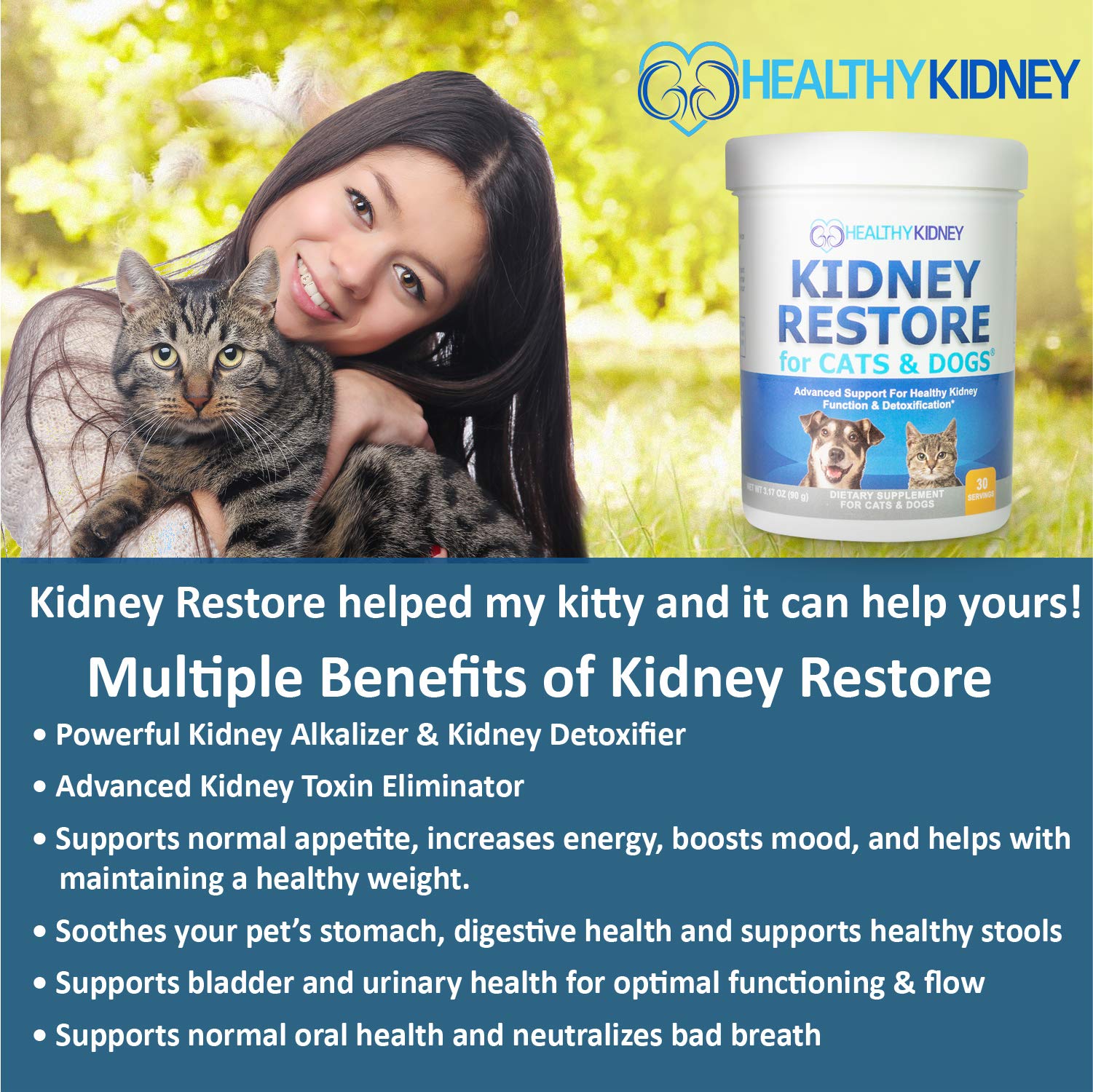 Kidney Restore ingredients inset emphasizes probiotic blend and minerals