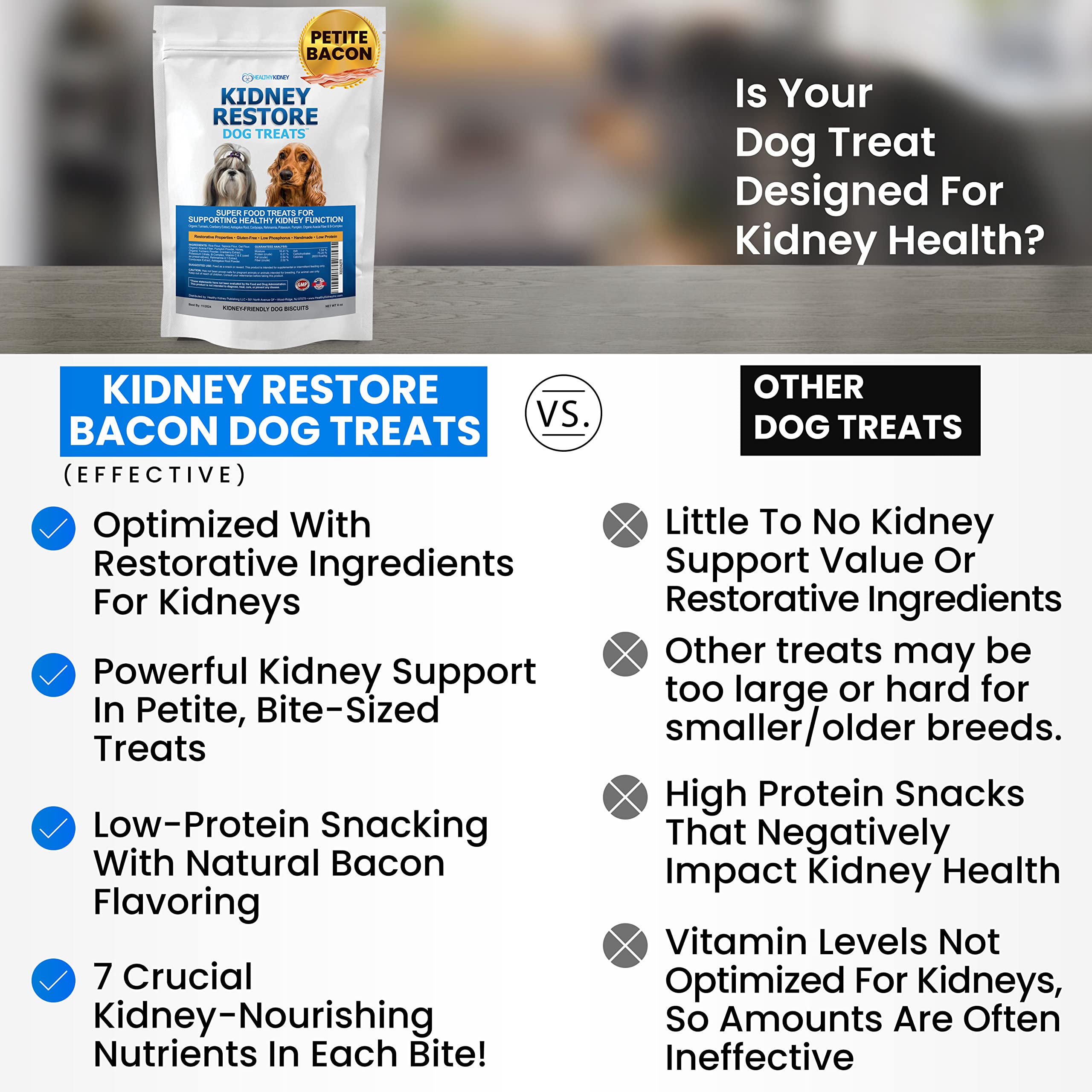 Kidney Restore small-dog serving scoop shows easy daily portioning for kidney-friendly snacking