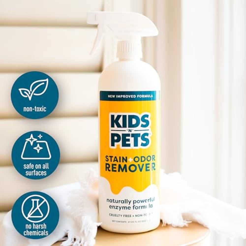 KIDS 'N' PETS stain remover on carpet demonstrates stain removal and odor control.
