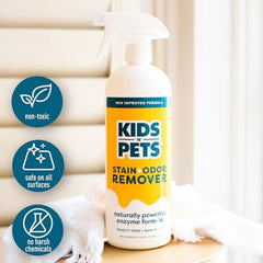 KIDS 'N' PETS stain remover on carpet demonstrates stain removal and odor control.