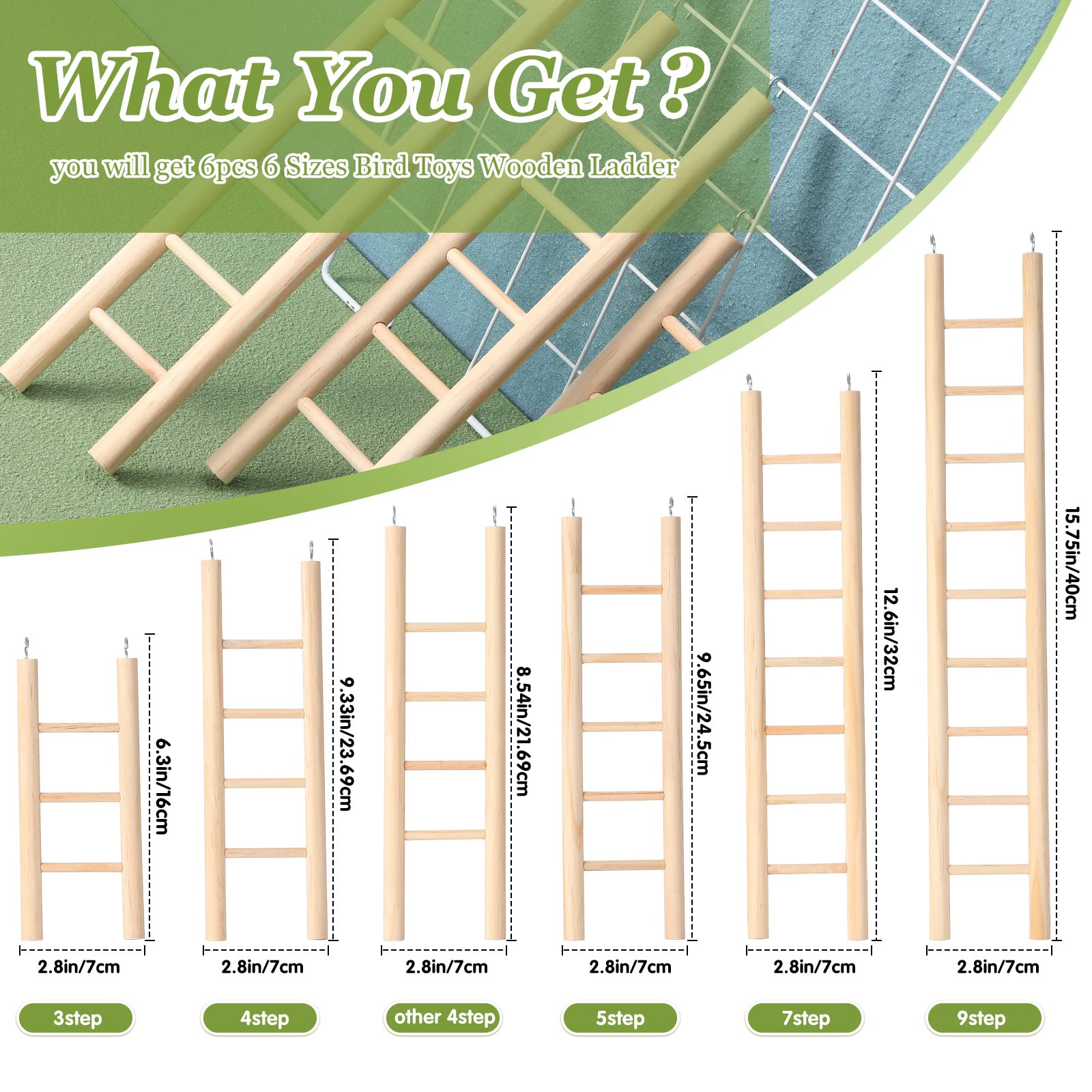 Kigeli six-size wood ladder set helps tailor enrichment for various birds.