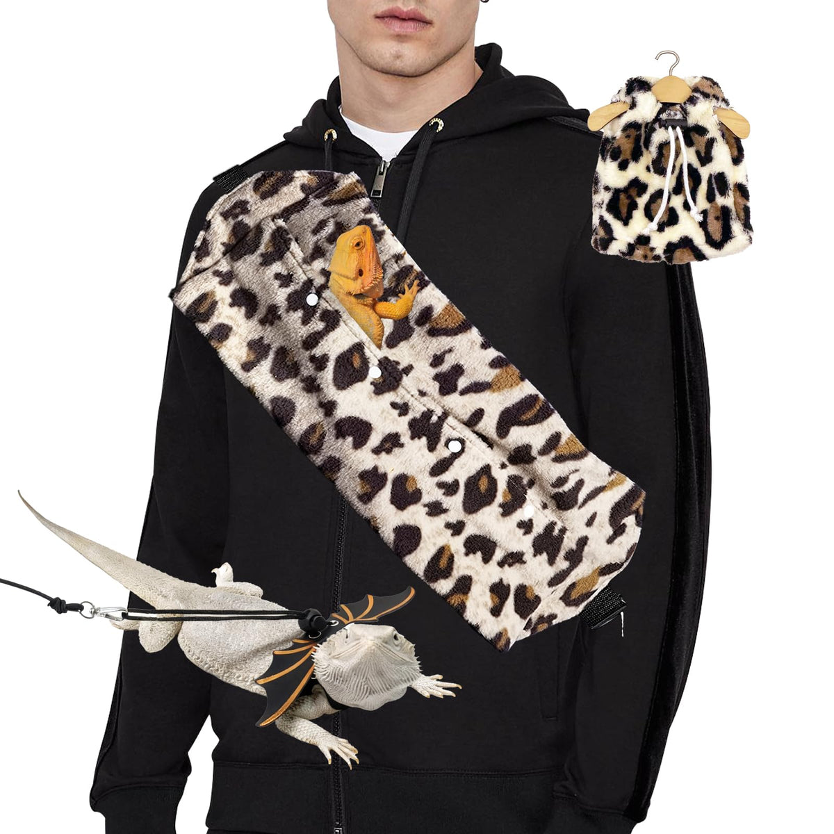 Kiiocwev leopard coat on bearded dragon provides cozy warmth for outdoor adventures.