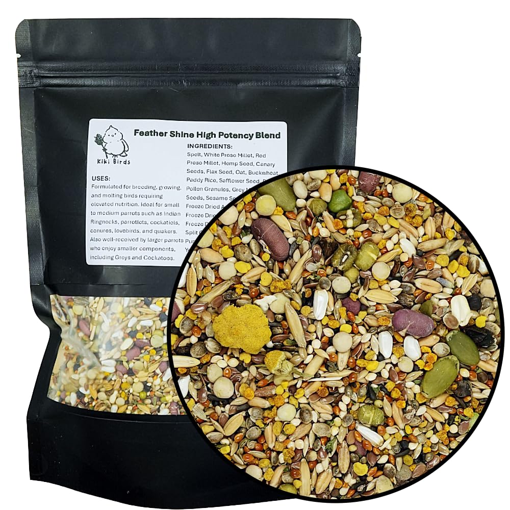 KikiBirds Feather Shine bottle pour for a bee pollen and sprouts blend aiding molting support.