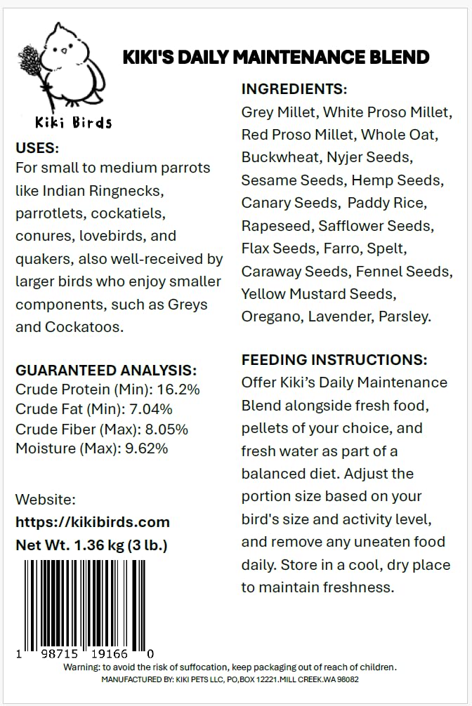 KikiBirds Premium Parrot Food no corn or peanuts promotes clean, low-fat nutrition