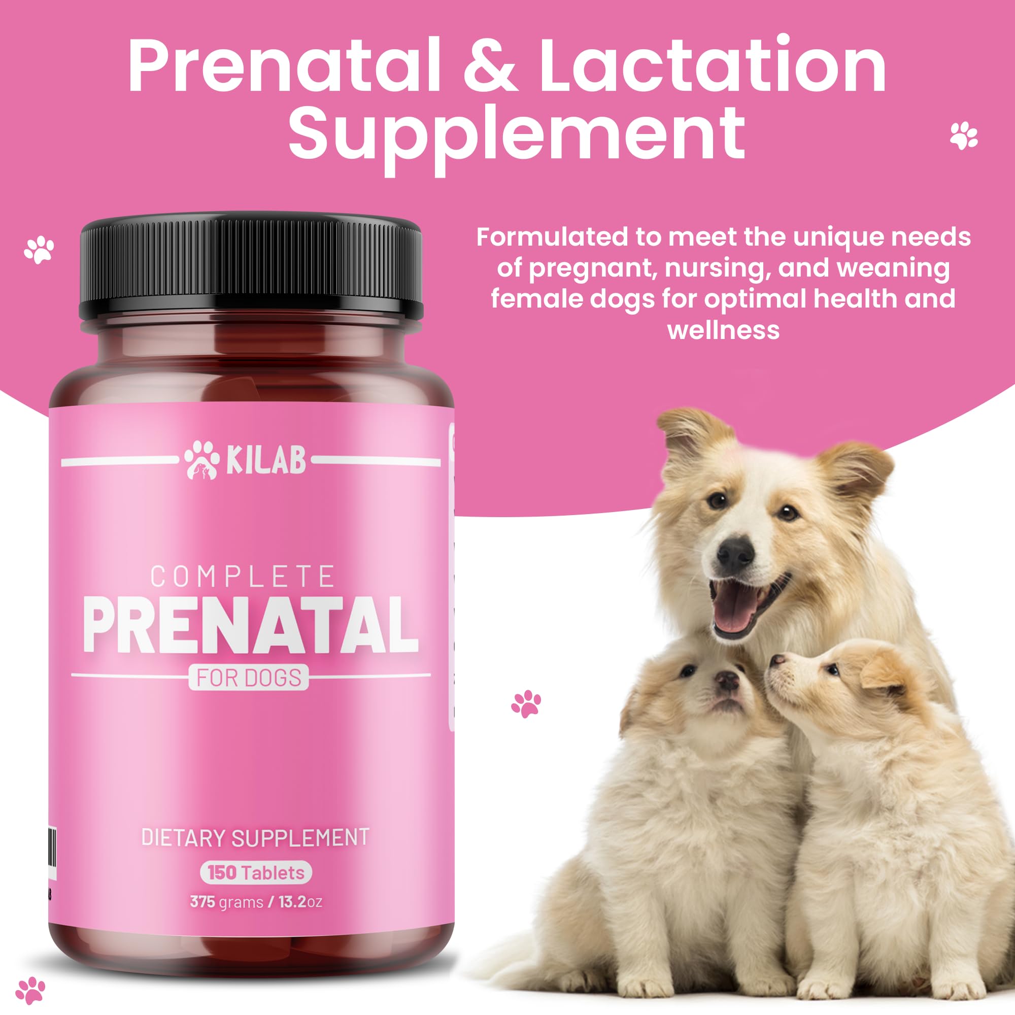 Kilab Complete Prenatal label shows essential nutrients for dogs.