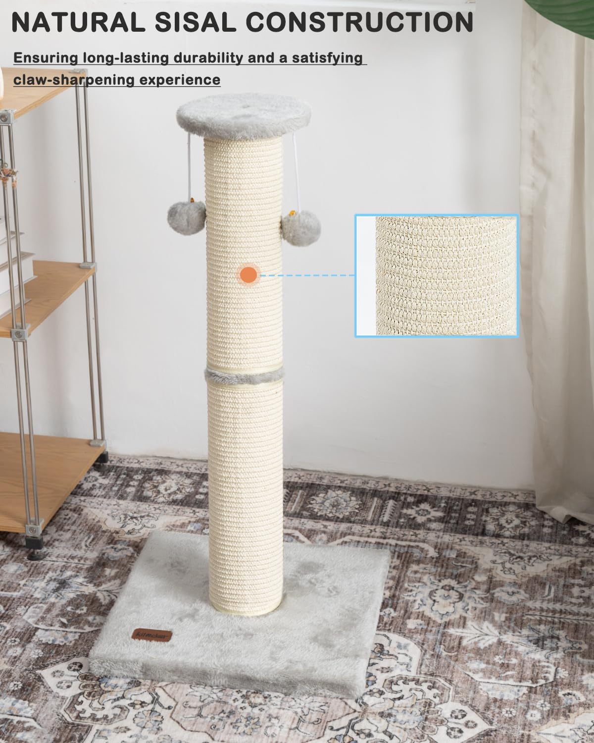 Kilodor cat post features hanging balls for dynamic play