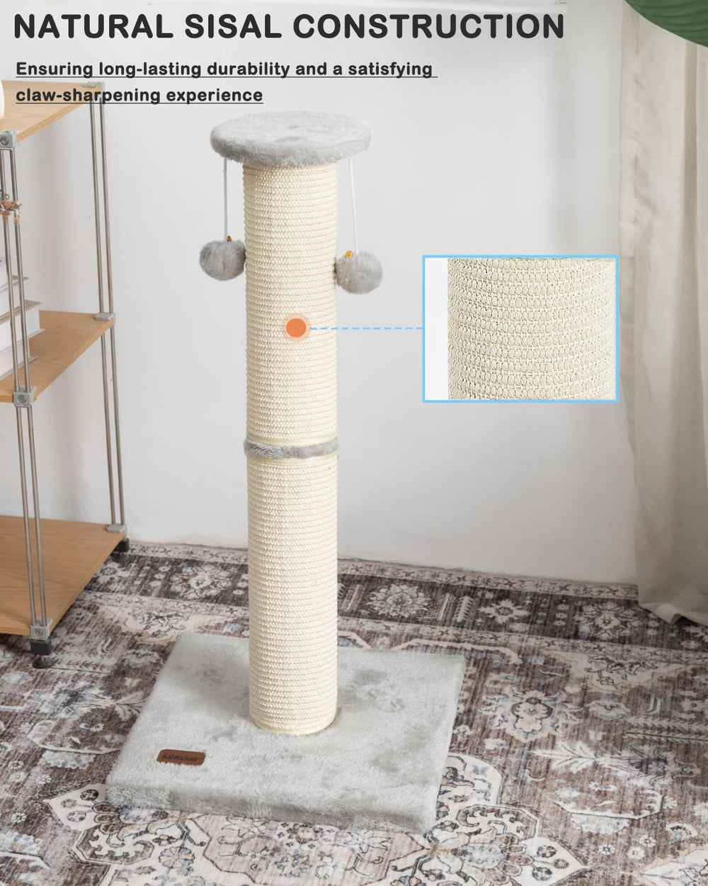 Kilodor cat post features hanging balls for dynamic play
