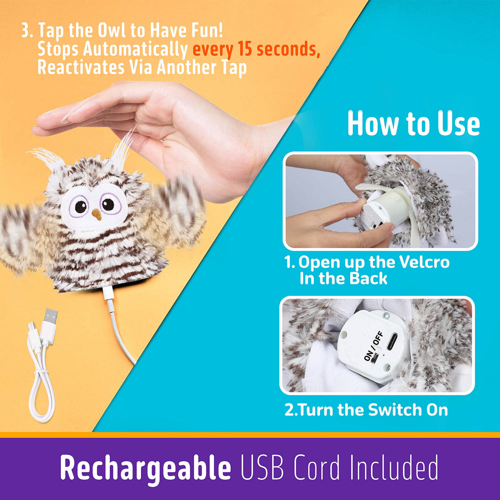 Kimee USB-rechargeable owl toy with chirping sounds for entertainment.