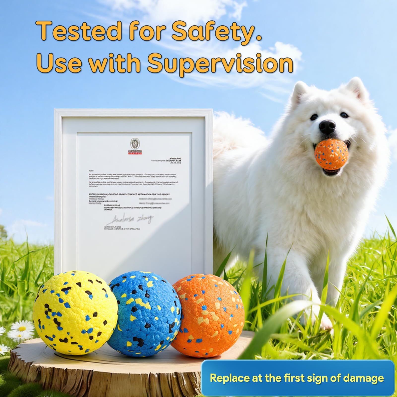 Kimee dog balls supervised-use warranty up to 60 days.