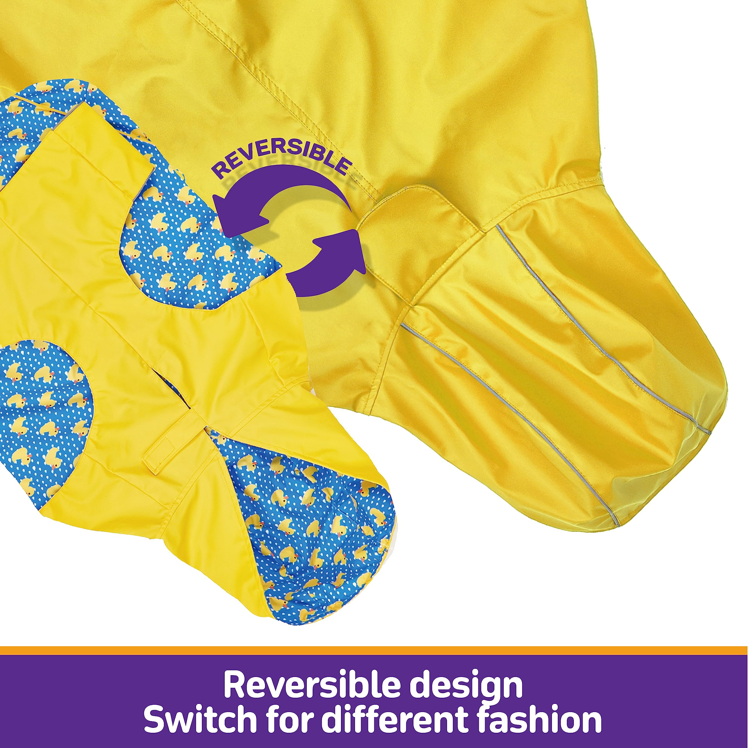 Kimee dog raincoat adjustable belly strap for secure fit across sizes.