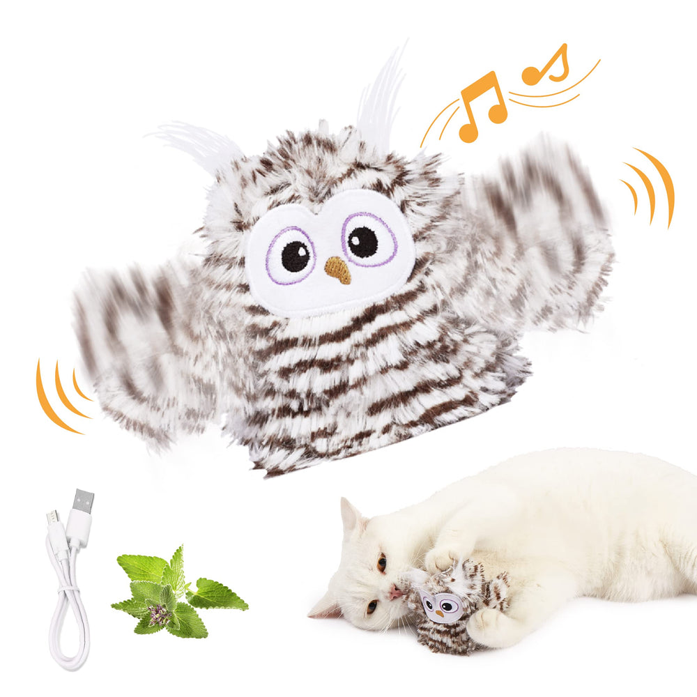 Kimee interactive owl toy with flapping wings for engaging indoor cats.