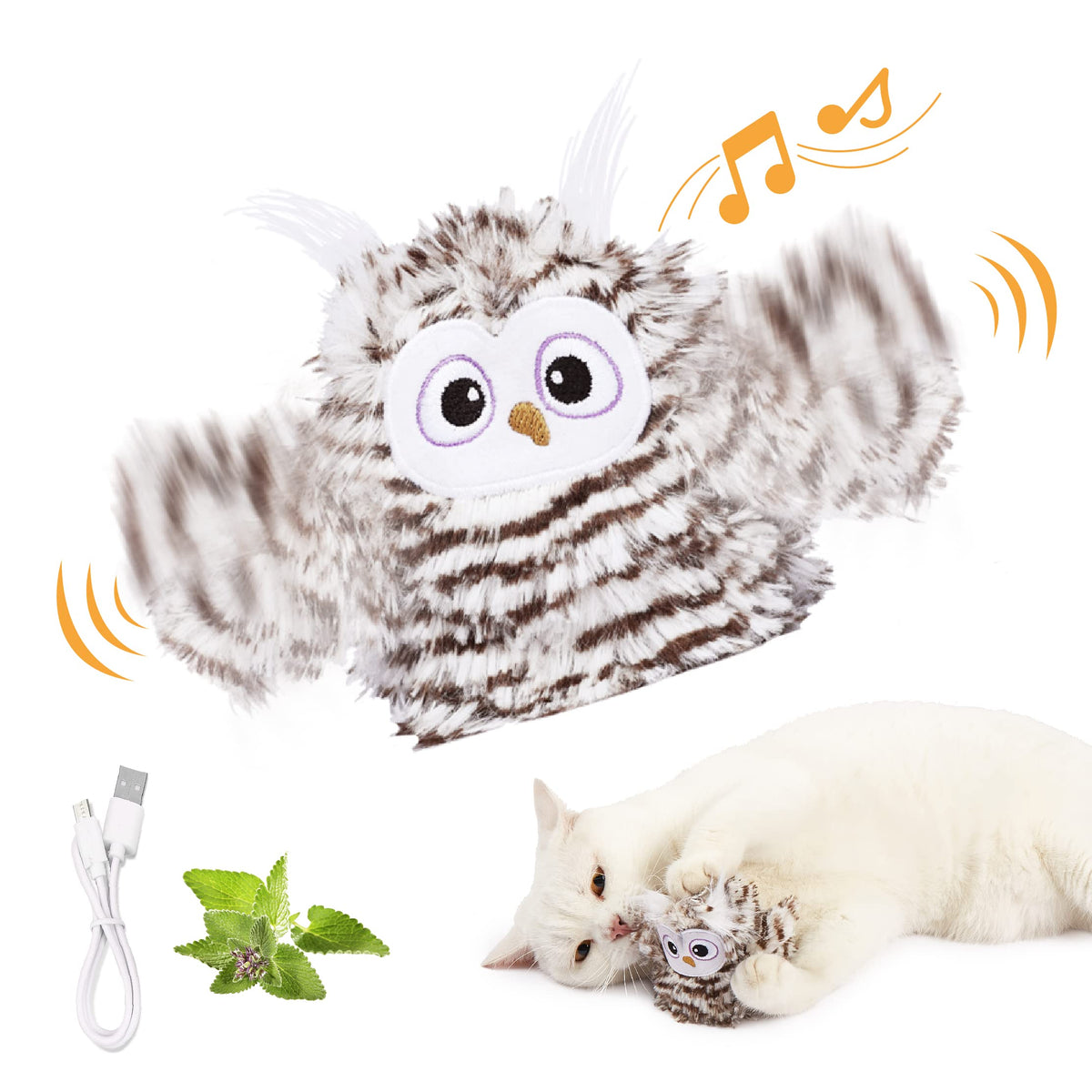 Kimee interactive owl toy with flapping wings for engaging indoor cats.