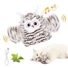 Kimee interactive owl toy with flapping wings for engaging indoor cats.
